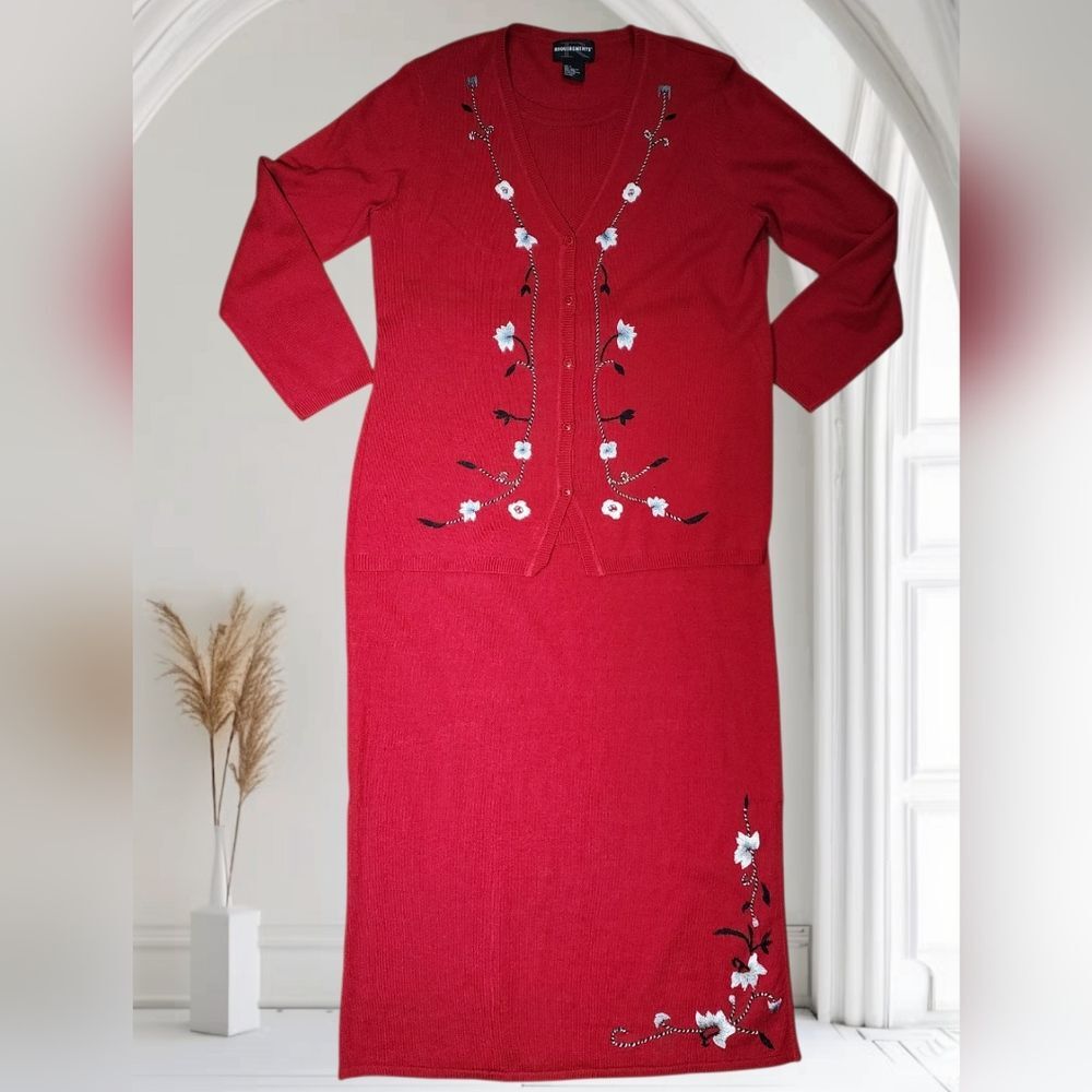 Requirements Red Two-Piece Knit Set Embroidered Floral Cardigan & Skirt M/L